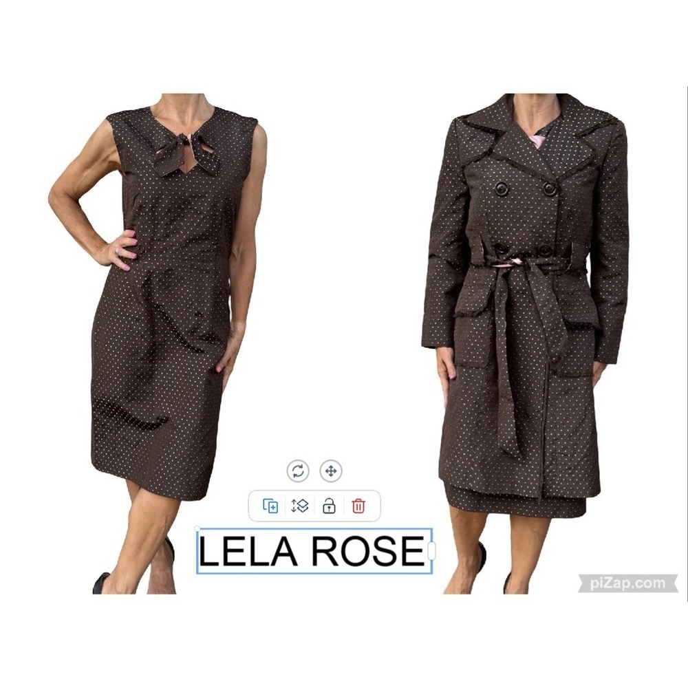 Lela Rose Brown Pink Polka Dot Silk Sheath Dress & Double Breasted Coat Set 6-8